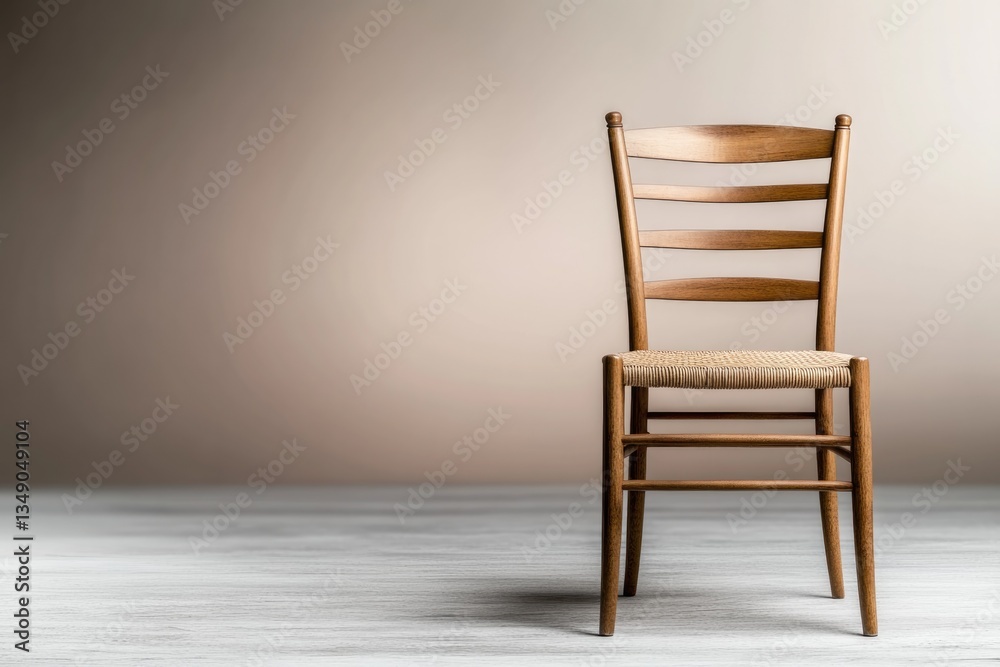 Minimalist wooden chair stands alone against soft gradient backg Minimalist wooden chair stands alone against soft gradient backg