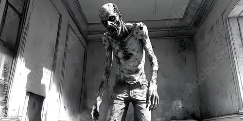 Creepy Zombie: An unsettling black and white depiction of a gaunt zombie stands in a dilapidated, dimly lit room, its hollow eyes and emaciated figure conveying a sense of dread and the uncanny.