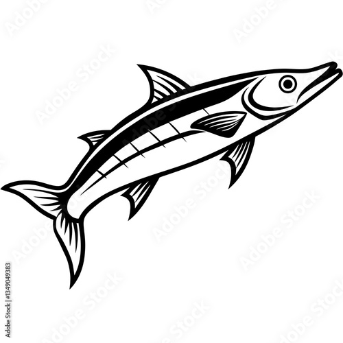 Barracuda Illustration: A sleek, stylized illustration of a barracuda, showcasing its streamlined body, sharp features, and predatory nature. A classic black and white design.