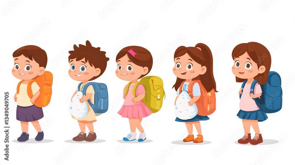 Evolution of a Young Girl into a Schoolgirl with School Bag in Stages Evolution of a Young Girl into a Schoolgirl with School Bag in Stages