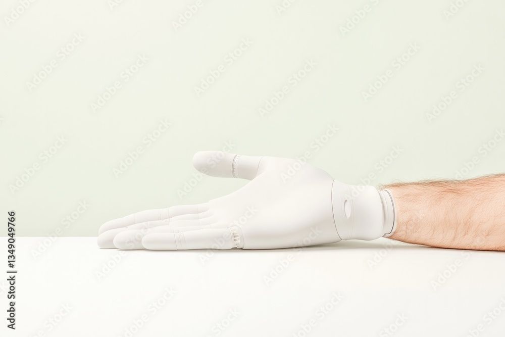 Hand in white glove extended on clean surface, symbolizing care Hand in white glove extended on clean surface, symbolizing care