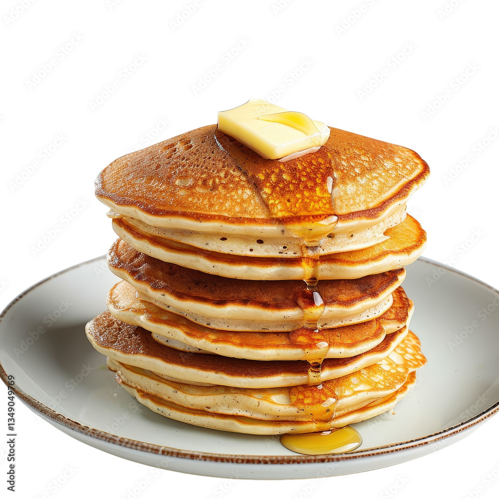 Delicious Stack of Fluffy Pancakes with Butter and Syrup on a White Plate Delicious Stack of Fluffy Pancakes with Butter and Syrup on a White Plate