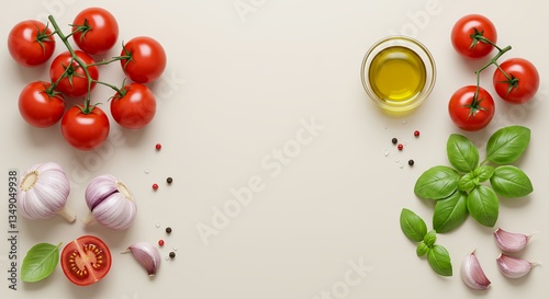 A composition of tomatoes, olive oil, basil and garlic showing ingredients for Italian cuisine.