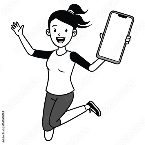 Happy woman jumping holding a mobile phone  showing empty