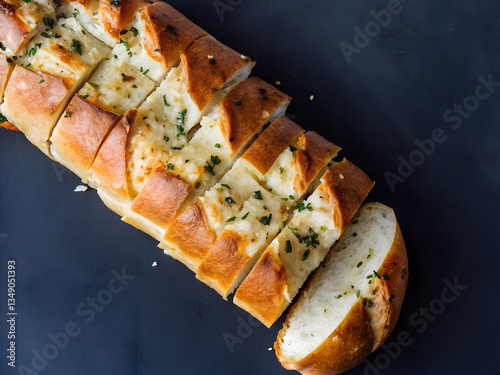 Cheesy Garlic Bread Loaf Cut into Slices on Dark Background