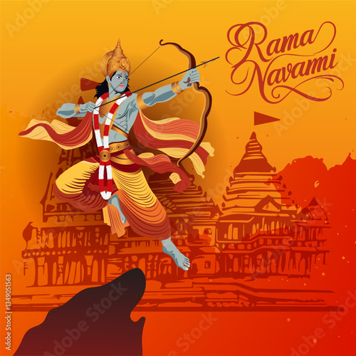 RaRam Navami Hindu Festival Concept – Divine Illustration of Lord Rama in Action, Temple Architecture, and Spiritual Ambiance – Great for Religious Banners, Social Media, and Posters.