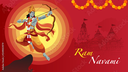 Ram Navami Festival Illustration – Lord Rama with Bow and Arrow in Vibrant Traditional Attire, Temple Silhouette, and Festive Decor – Perfect for Posters, Banners, and Greeting Cards.