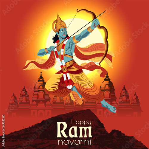 Ram Navami Festival – Lord Rama in Battle Stance with Bow, Radiant Sun, Temple Silhouette, Hindu God Art, Traditional Indian Religious Artwork for Festive Greetings