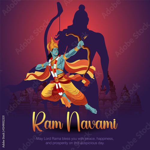 Happy Ram Navami – Lord Rama in Dynamic Archery Pose, Hindu God Illustration with Shiva Shadow, Festive Artwork, Cultural and Religious Celebration Theme
