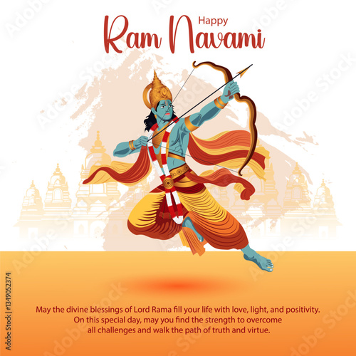 Ram Navami Hindu Festival Digital Art – Divine Lord Rama with Archery Pose, Spiritual Quote, and Sacred Temple Backdrop – Ideal for Greeting Cards, Flyers, and Worship Graphics.