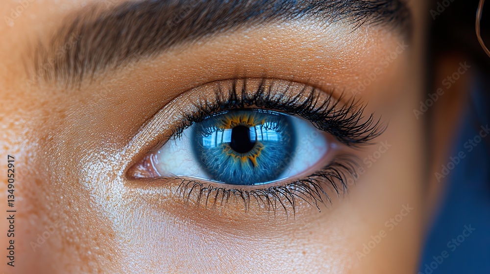 Obraz premium A woman's eye, macro close,up, shows intricate details, iris, pupil, lashes, skin,highlighting beauty and vision health.