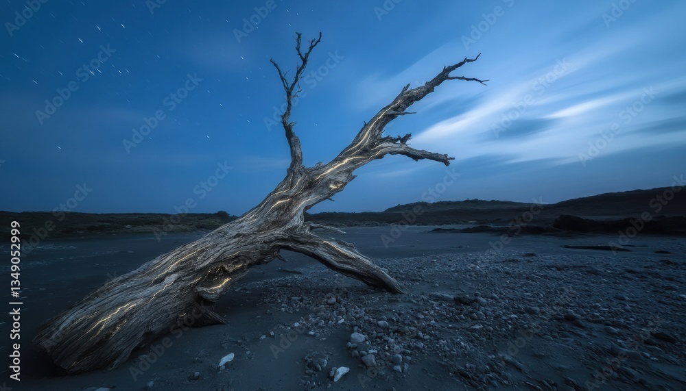 Captivating nightscape of fallen tree on beach coastal nature photography serene environment low angle view Captivating nightscape of fallen tree on beach coastal nature photography serene environment low angle view