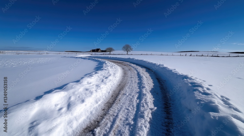 Snowy winter road winding through a vast landscape Snowy winter road winding through a vast landscape