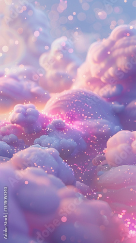 Cute and dreamy pastel gradient background, soft purple and pink hues, floating kawaii elements, glowing soft lights, ethereal mist, fluffy clouds, sparkles