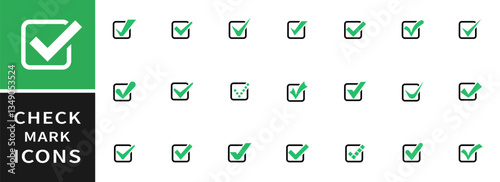 Set of green check marks in a circle. Check marks or ticks. Green confirm symbol. Vector icon confirm acceptance of a positive passed agreement on voting or completion of tasks in the list. Vector