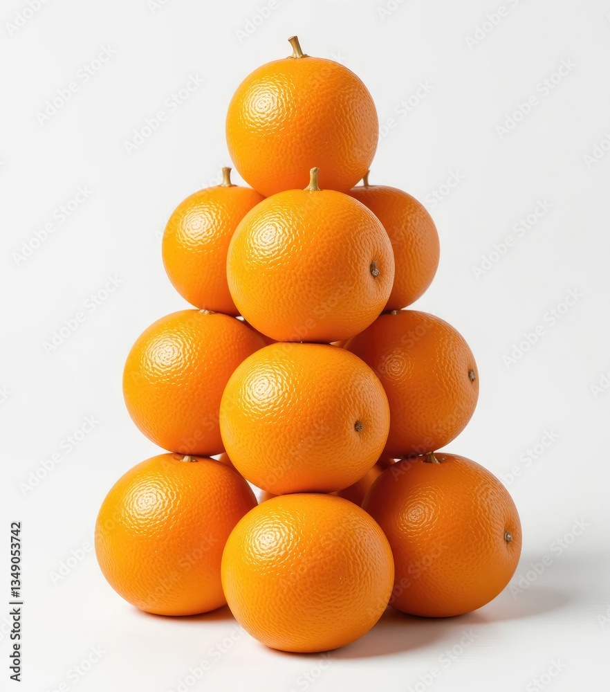 Stacked Fresh Oranges Forming a Pyramid Shape on White Background Stacked Fresh Oranges Forming a Pyramid Shape on White Background