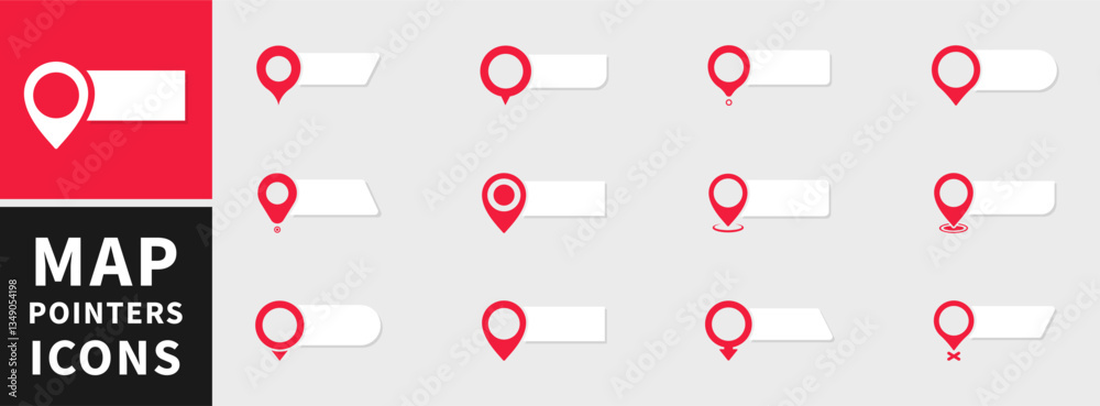 Map pointers icon set. Location icons or geolocations. Vector design element set. Pointer icon pin on the map with space for text. Vector illustration
