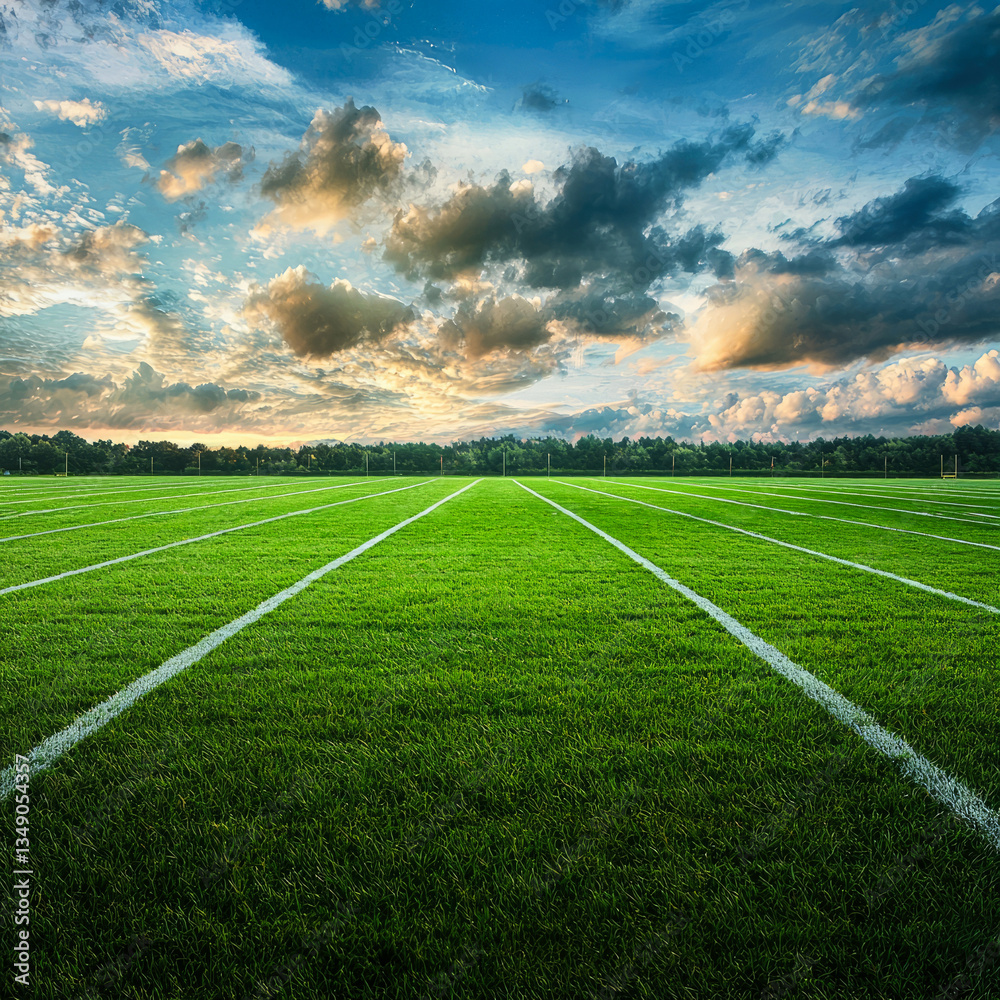 Obraz premium Vibrant sunset over an American football field with dramatic clouds and sunlight. Banner for sports, outdoor competition, and game-day excitement themes.Generative ai