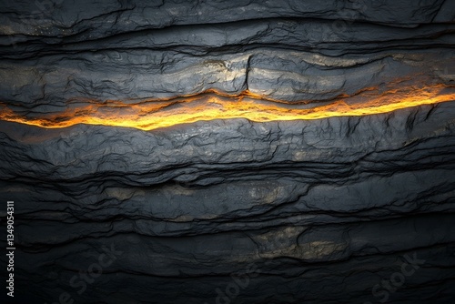 Glowing orange vein in dark layered rock. Abstract texture.