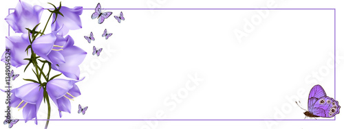 purple butterfly flies against a lilac campanula background and there are many butterflies on the horizon with a frame on a transparent background.Close-up,isolated,macro
