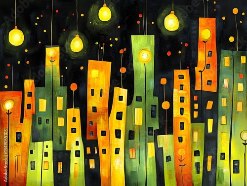 Abstract Cityscape at Night: Vibrant Orange and Green Buildings