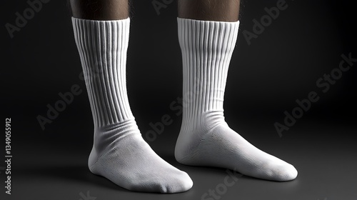 Pair of white crew socks on dark background.