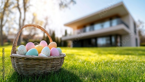 Pastel Easter Eggs in Woven Basket on Green Grass with Modern House Background