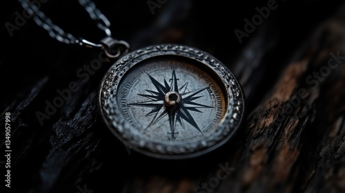 Antique compass pendant on rustic wood
