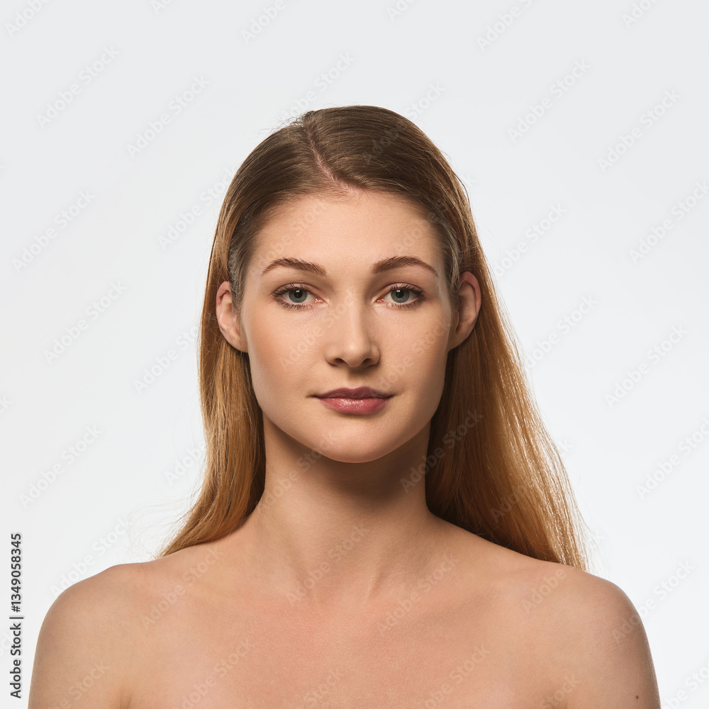 Fototapeta premium Portrait of young beautiful woman with flawless skin, straight posture, calm expression isolated on white background. Concept of female beauty, skin care, cosmetics, cosmetology, wellness.