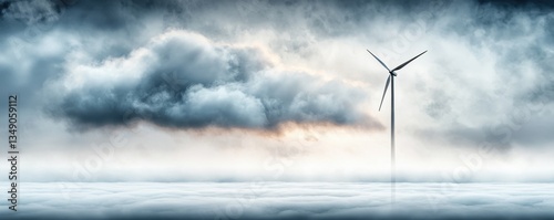 Wallpaper Mural A solitary wind turbine stands tall amidst dark clouds, casting a serene presence over a sea of misty clouds below. Torontodigital.ca