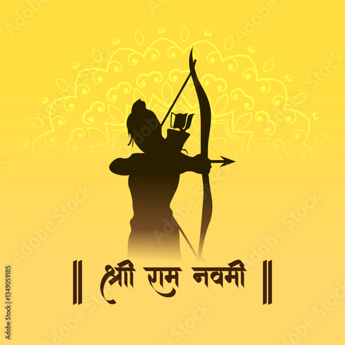 Ram Navami Festival Design Silhouette of Lord Rama Aiming Arrow, Spiritual Yellow Theme with Sanskrit Calligraphy Shree Ram Navami Ideal for Religious Posters, Greeting Cards, and Social Media.