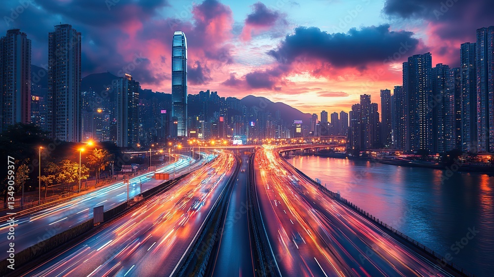 Fototapeta premium At sunset, vibrant urban scene, illuminated skyscrapers and buildings background busy highway interchange vehicles' light trails.