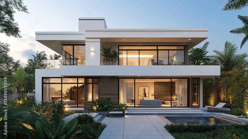 Modern two-story house with a unique white exterior design, a contemporary architectural residential concept Modern two-story house with a unique white exterior design, a contemporary architectural residential concept