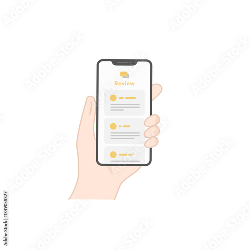 手に持ったスマホで利用者のクチコミやレビューをチェックするベクターイラスト(線画・フラット)