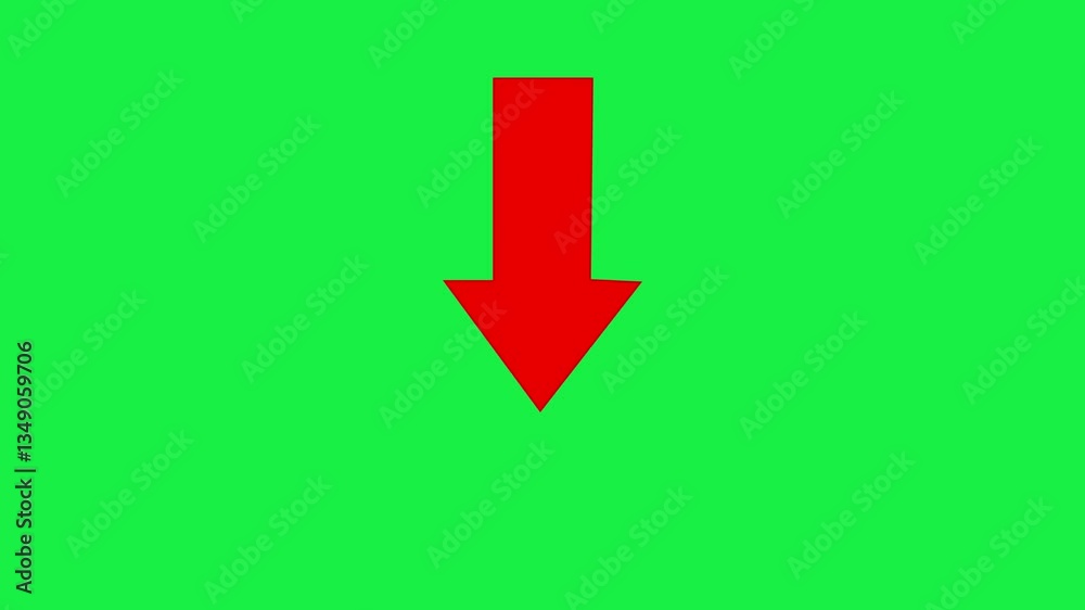 a red down arrow icon animation, on a green background, and 4k video.