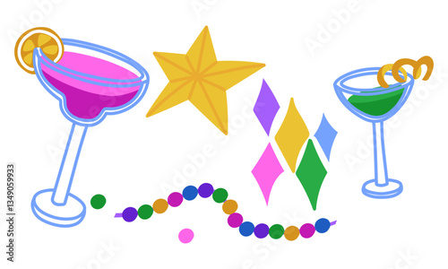 set of festive items for Mardi Gras. Cocktail, star, beads, confetti. It is suitable for decorating materials, advertising campaigns and products related to the Mardi Gras holiday, carnival