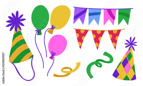 Balls, flags, confetti. set of festive elements is flat style. suitable materials decorating parties, holidays, advertisements and products related to various celebrations, special events. Birthday