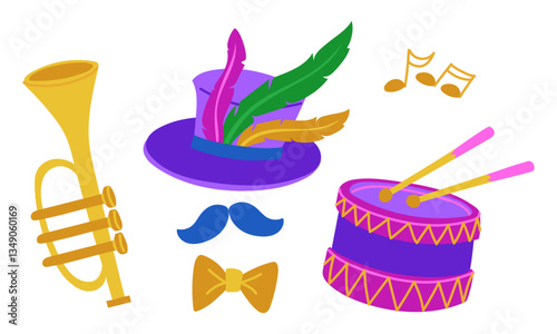 color set for Mardi Gras. hat with feathers, drum, trumpet, mustache. flat illustration is suitable for decoration of carnival events, promotional materials and goods related to theme of holidays