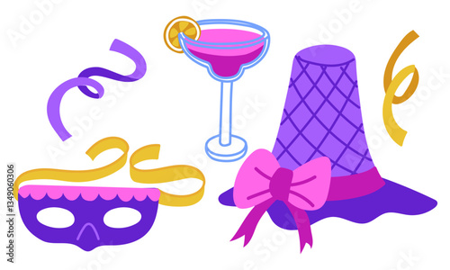 color set Mardi Gras. Hat, mask, cocktail, confetti. flat illustration is suitable for decoration of carnival events, promotional materials and goods related to the theme of holidays and masquerades