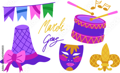 color set for Mardi Gras. hat, drum, mask, flags, text. The flat illustration is suitable for decoration of carnival events, promotional materials and goods related to the theme of the holidays