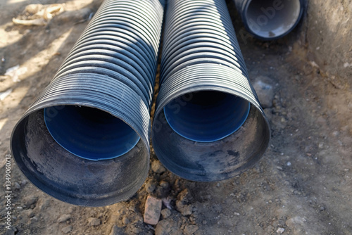 Wallpaper Mural Black drainage pipes. Rows of large black drainage pipes arranged on a grassy construction site. The pipes are ready for installation, highlighting materials used in water management and infrastructur Torontodigital.ca