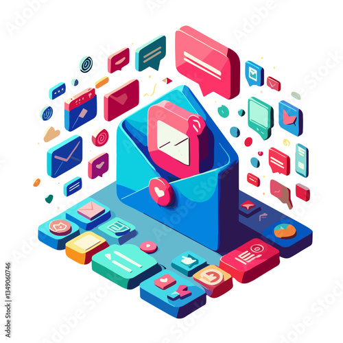 3D illustration of email icons and a large envelope surrounded by colorful messaging symbols on a white background + concept