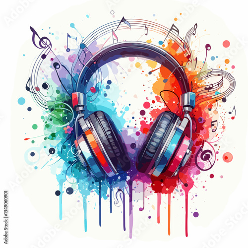 Colorful watercolor illustration of headphones with musical notes on a vibrant background + concept