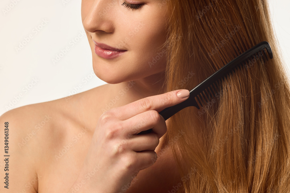Obraz premium Close-up cropped image of woman brushing her golden hair with precision, highlighting hair wellness. Concept of hair treatment, beauty, self-care, wellness, and hair care.