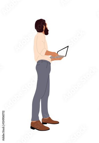 Business man working at laptop. Handsome bearded guy in smart casual office outfit standing with computer side view. Vector realistic illustration isolated on transparent background.