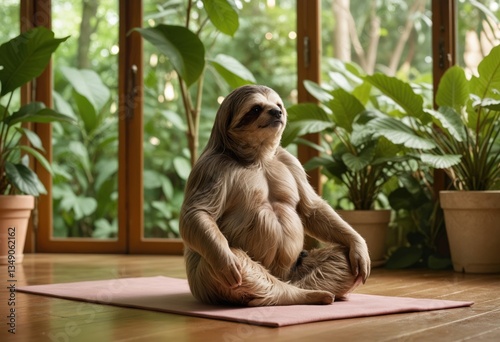 A sloth sits in a meditative pose in front of a lush green window