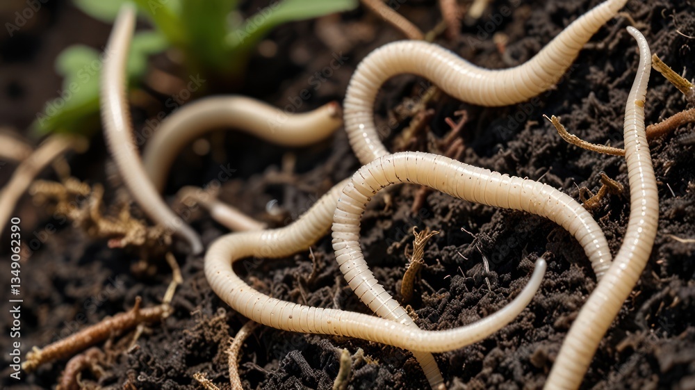 White segmented worms in dark soil White segmented worms in dark soil