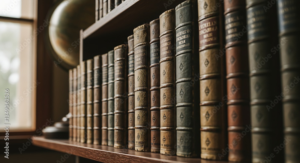 Antique Books on Shelf in Library Setting with Globe Decoration Antique Books on Shelf in Library Setting with Globe Decoration