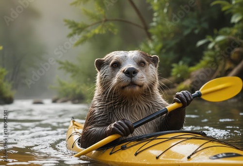 An otter paddles a kayak down a misty river