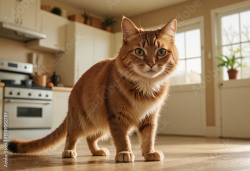 A fluffy orange cat stands in a bright kitchen